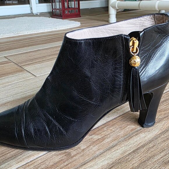 Chanel Black Captoe Lamb Leather  Zipper Ankle Tassel CC Bootie 9 - Picture 7 of 13
